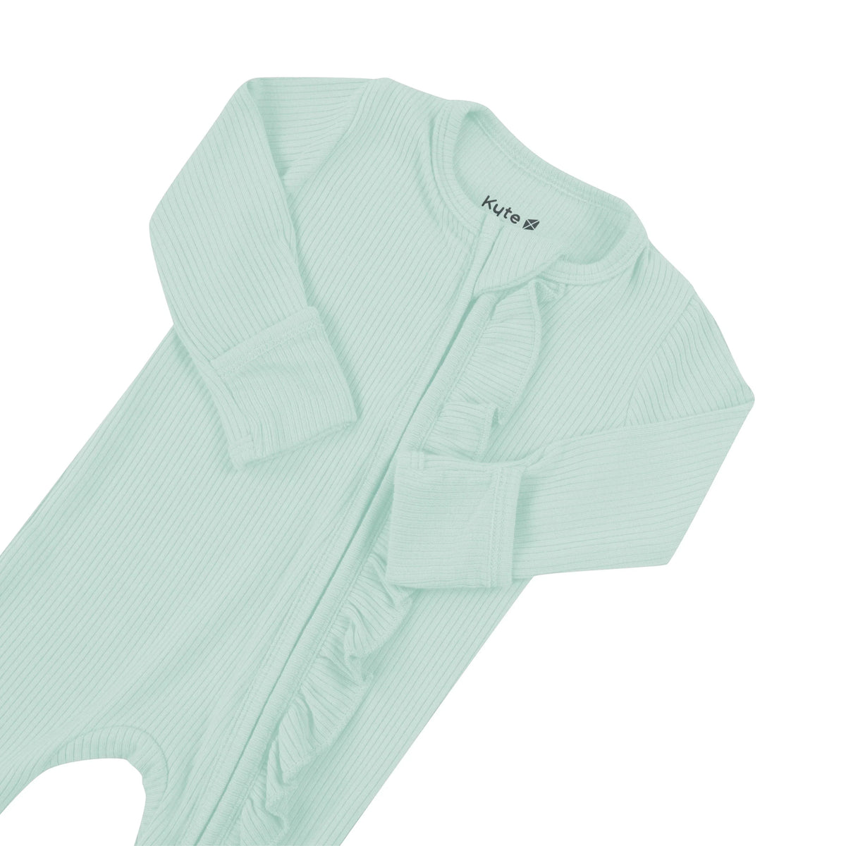 Ribbed Ruffle Zipper Footie in Sage