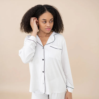 Women's Long Sleeve Pajama Set in Snow with Midnight Trim