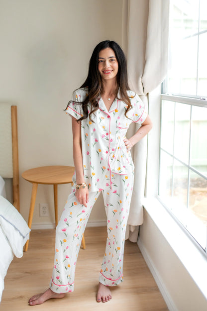 Women's Short Sleeve Cropped Pajama Set in Tulip