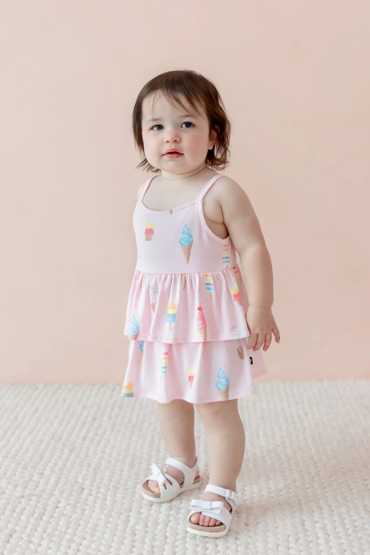 Spaghetti Strap Ruffle Romper in Sakura Ice Cream