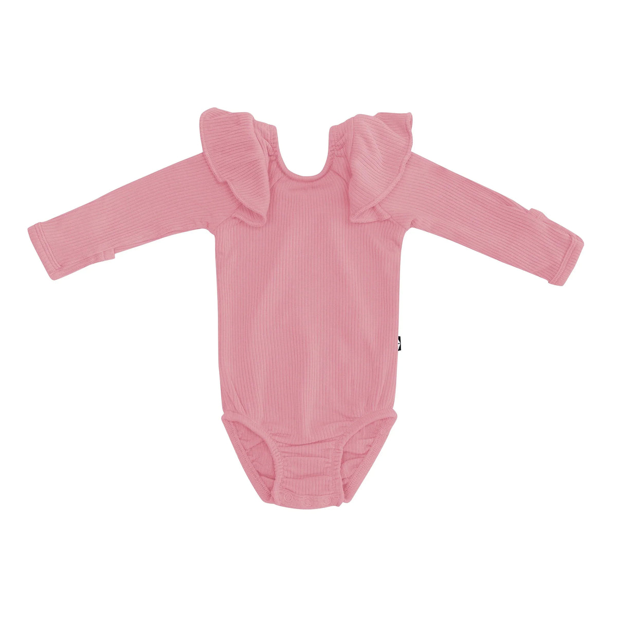 Ribbed Long Sleeve Ruffle Leotard in Apple Blossom