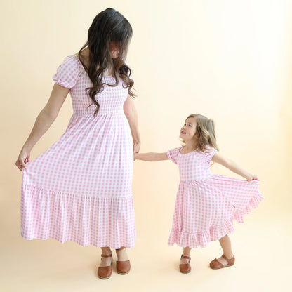 Puff Sleeve Twirl Dress in Gingham Thistle