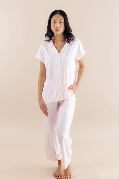 Women's Short Sleeve Cropped Pajama Set in Small Sakura Stripe