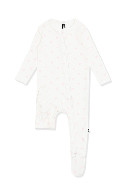 Pointelle Zippered Footie in Sweet Pink Bow
