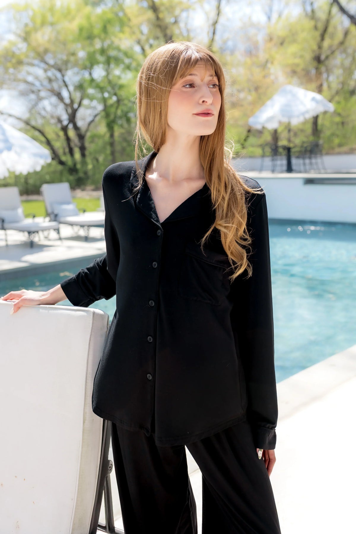 Long-Sleeved Women's Pajama Set in Midnight with Midnight Trim